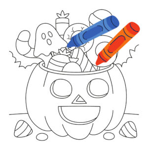 Colouring page with pumpkin and crayons, link to event